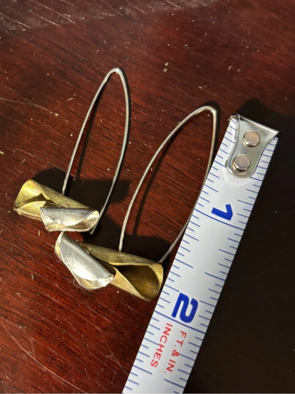 Two-Tone Gold & Silver Colored Metal Drop Earrings - Handmade Sculptural Design